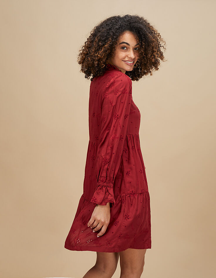 I.Code garnet red dress with ruffles & eyelet embroidery-3