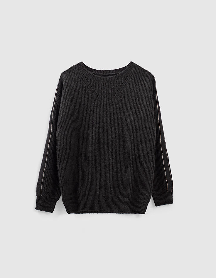 Women&rsquo;s black knit boat neck sweater with sleeve detail-1