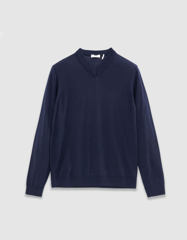 Pull en laine marine tricot fin col V Homme-7