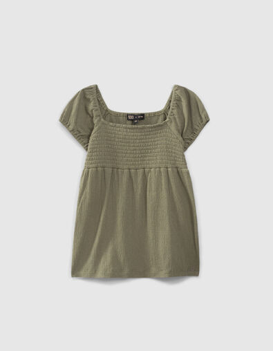 Girls’ khaki smocked waffle top - IKKS