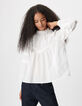 Blusa blanca de jacquard y encaje para mujer-4