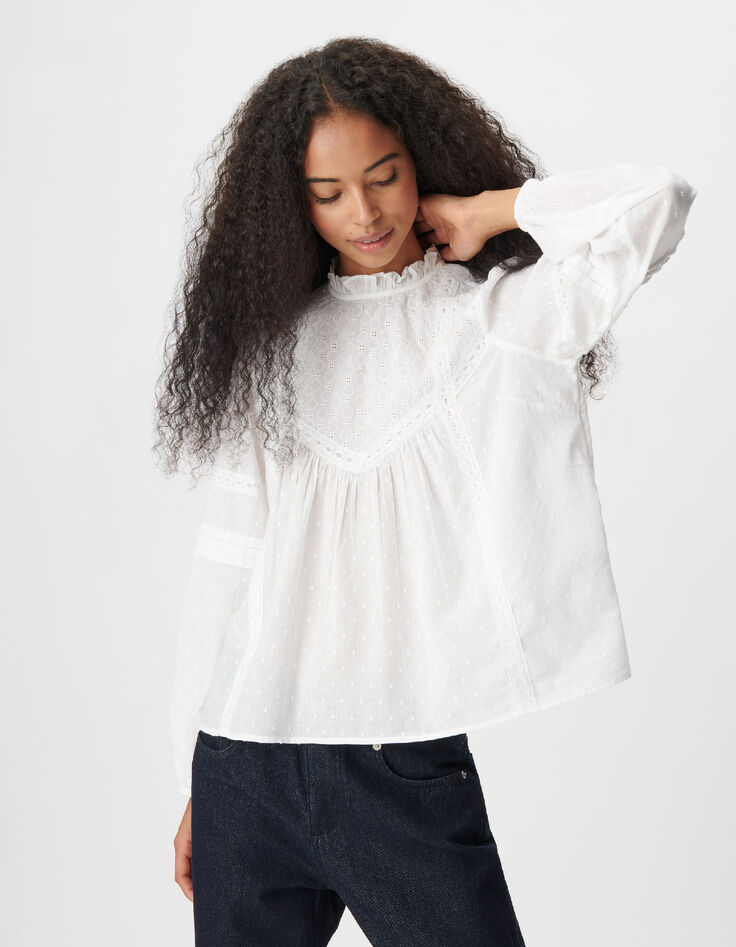 Blusa blanca de jacquard y encaje para mujer-4