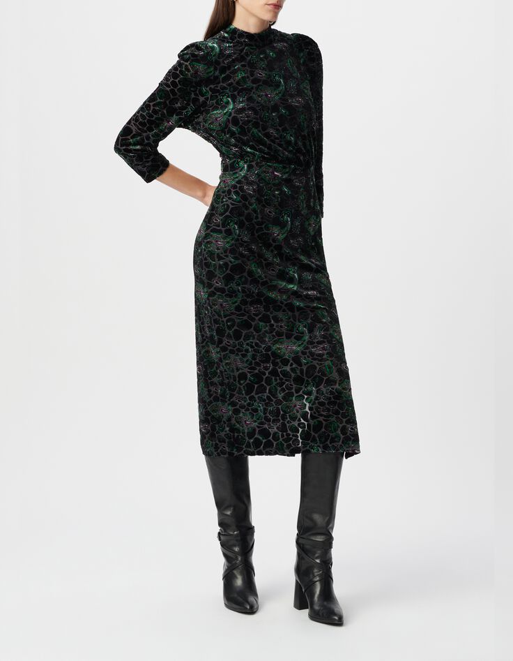 Robe noire imprimé cachemire baroque velours dévoré Femme-1 Robe noire imprimé cachemire baroque velours dévoré Femme-1