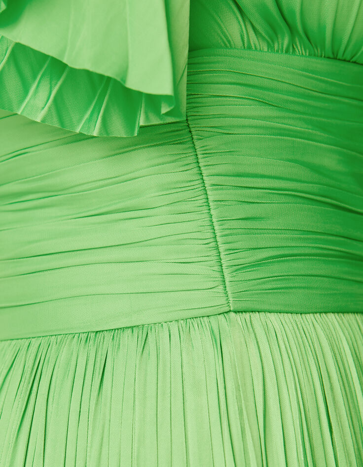Women's green satin pleated short dress-6