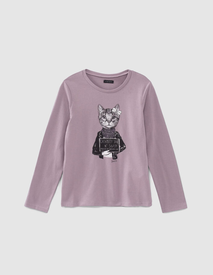 Girls’ violet T-shirt with cat in glittery scarf-1