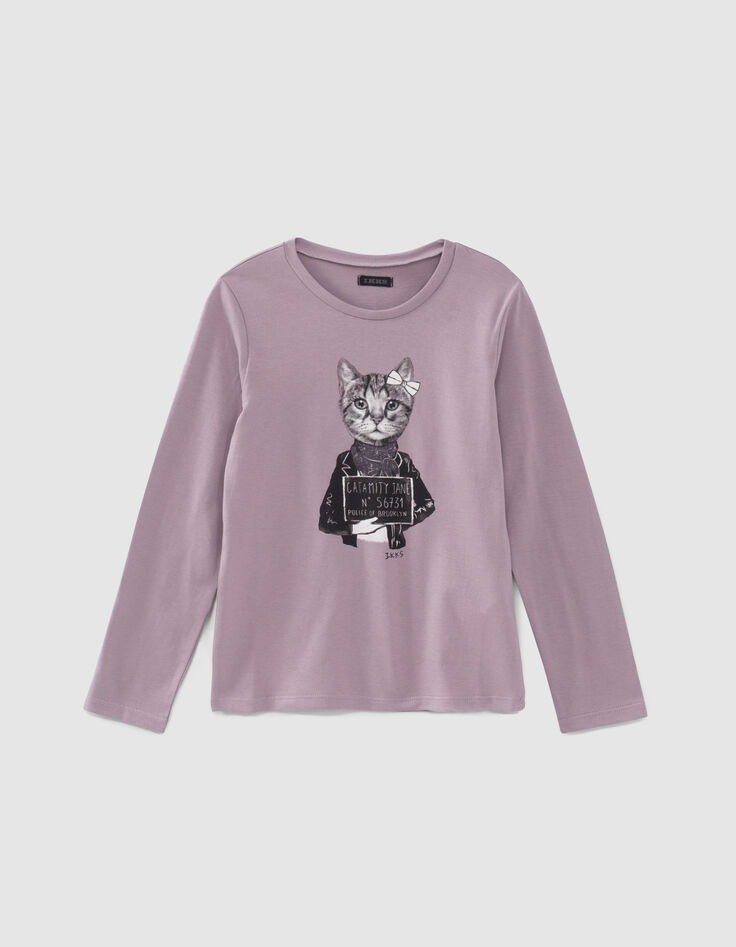 T-shirt parme visuel chat foulard pailleté fille-1