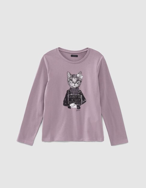 Girls’ violet T-shirt with cat in glittery scarf