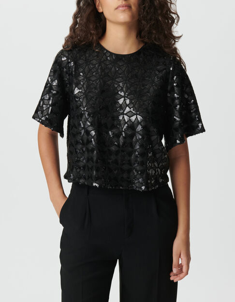 Women&rsquo;s black embroidered sequin top, butterfly sleeves - IKKS
