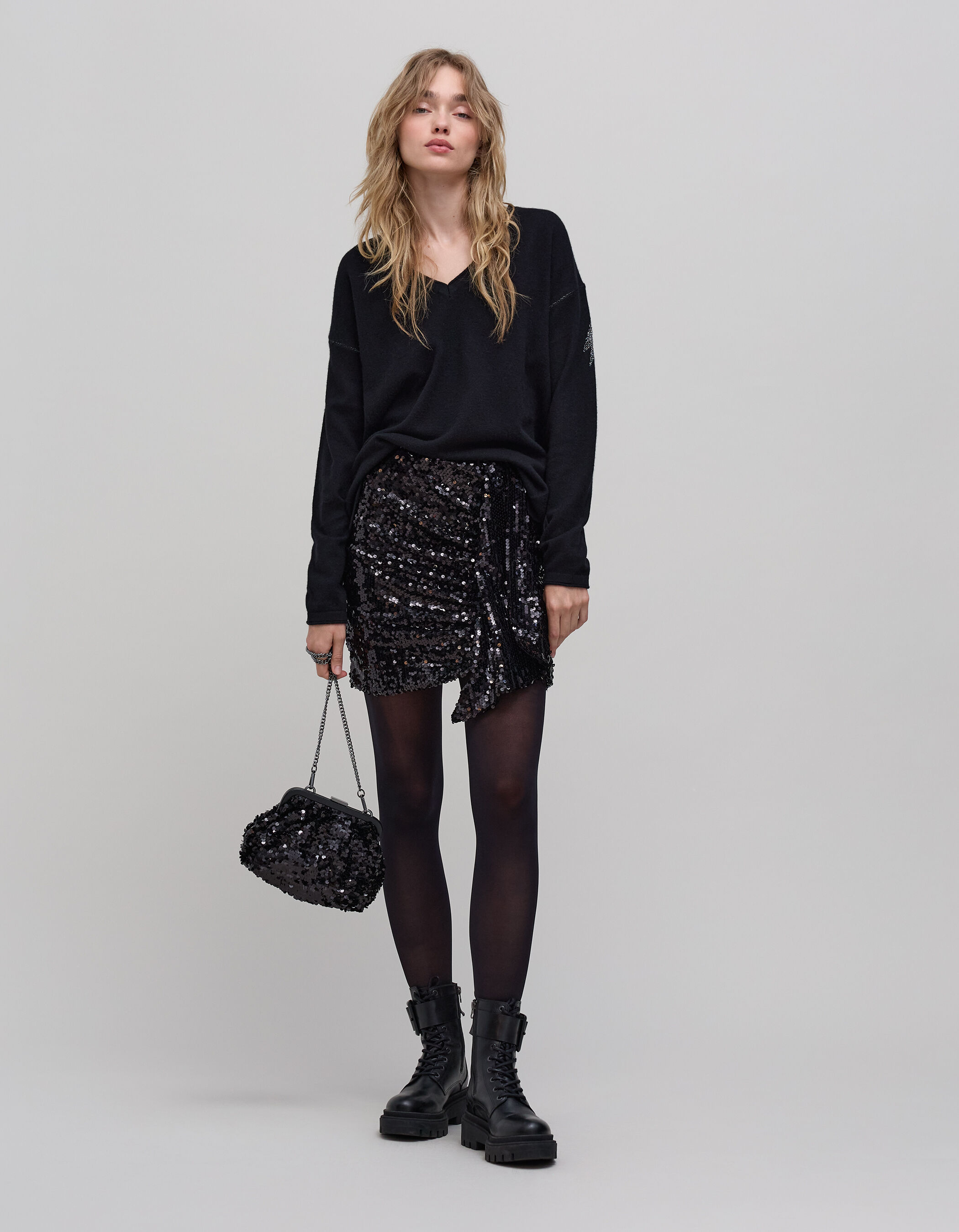 Pull noir encolure V 100 cachemire Femme IKKS