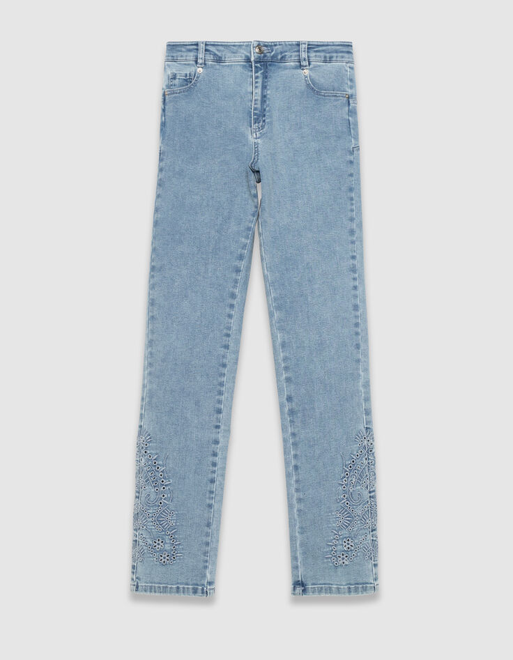 Blaue Slim-Damenjeans hoher Bund 7/8.-Dekor Stick-6 Blaue Slim-Damenjeans hoher Bund 7/8.-Dekor Stick-6