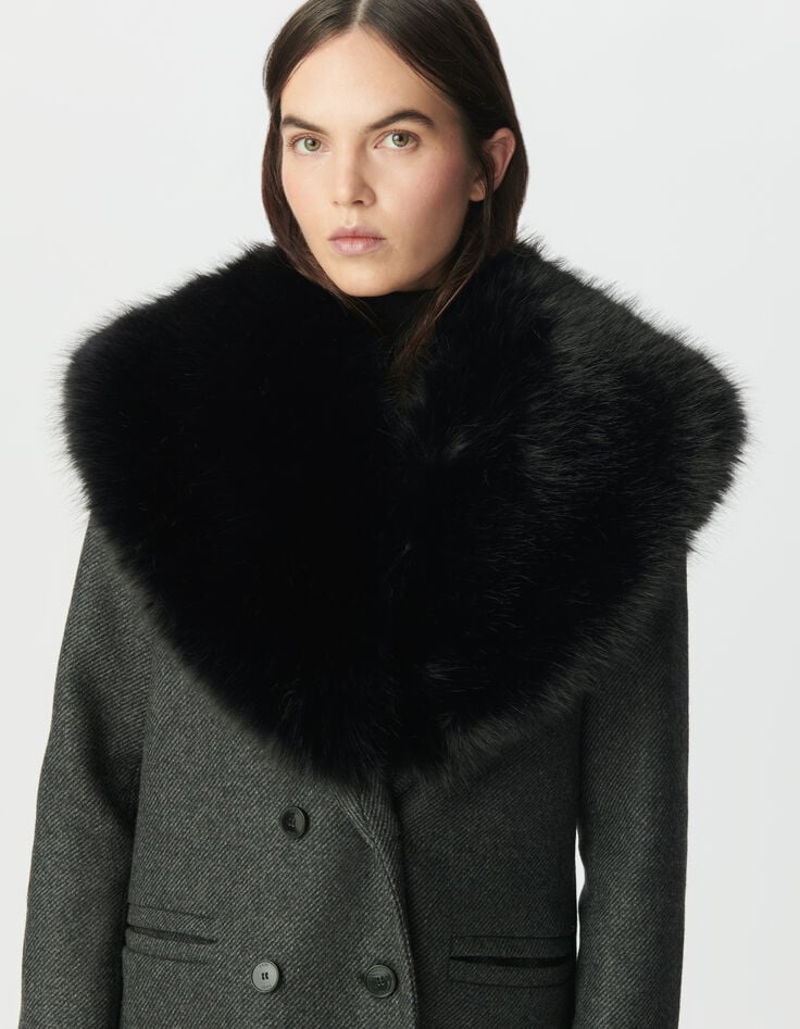 Women’s grey straight coat, detachable black fur collar-5