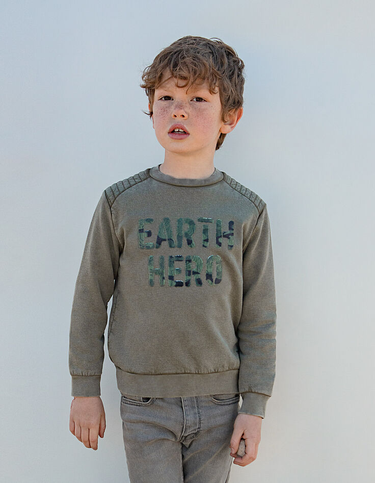 Sudadera caqui con mensaje terciopelo camuflaje niño -1 Sudadera caqui con mensaje terciopelo camuflaje niño -1