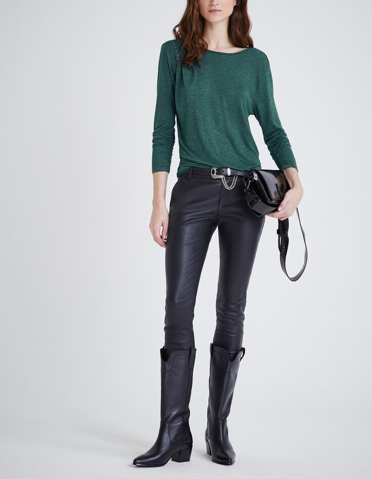 Women’s duck green glittery T-shirt, diamante on draping-2