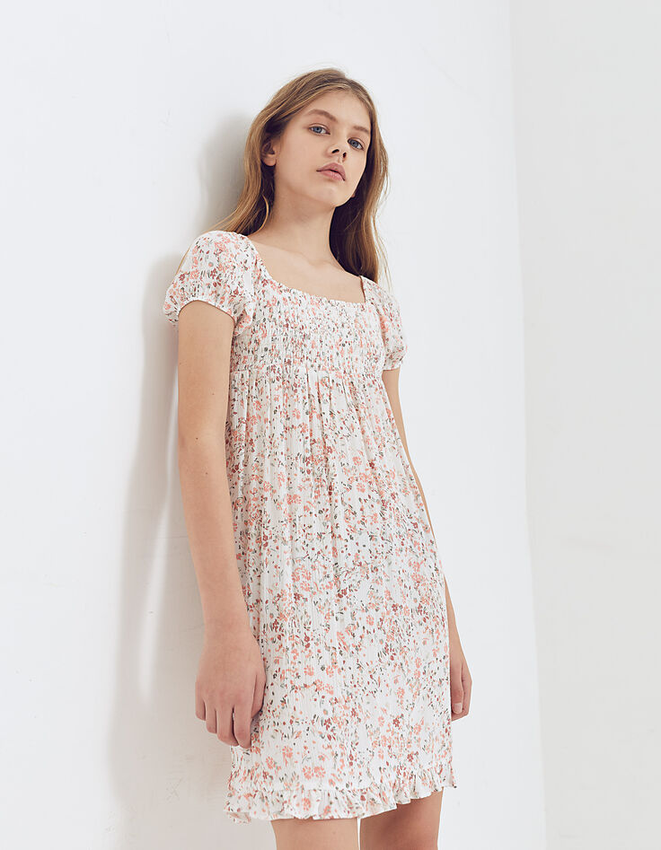 Cremewei&szlig;es M&auml;dchenkleid mit Blumen und Smocks-6