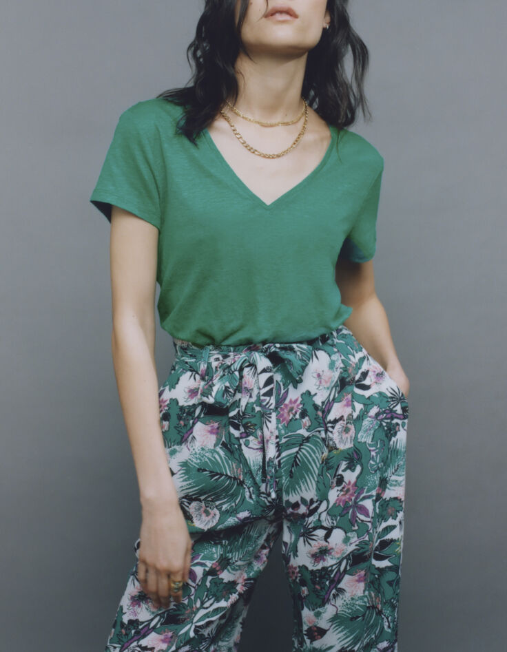 Tee-shirt vert encolure V maille lin irisée Femme-4