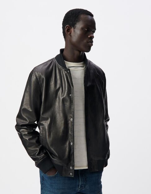 Men&rsquo;s black leather bomber jacket with detachable facing - IKKS