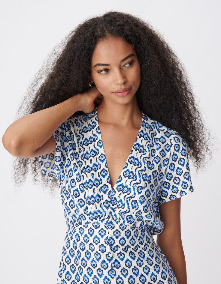 Women's blue floral print short dress-5
