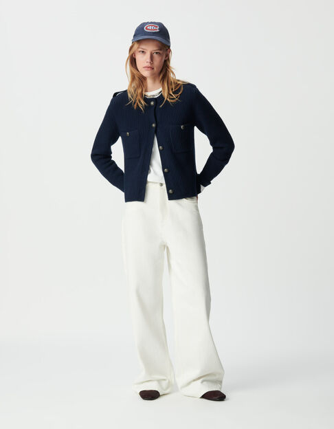Marineblaue Damen-Kurzstrickjacke 100 % Rippwolle - IKKS