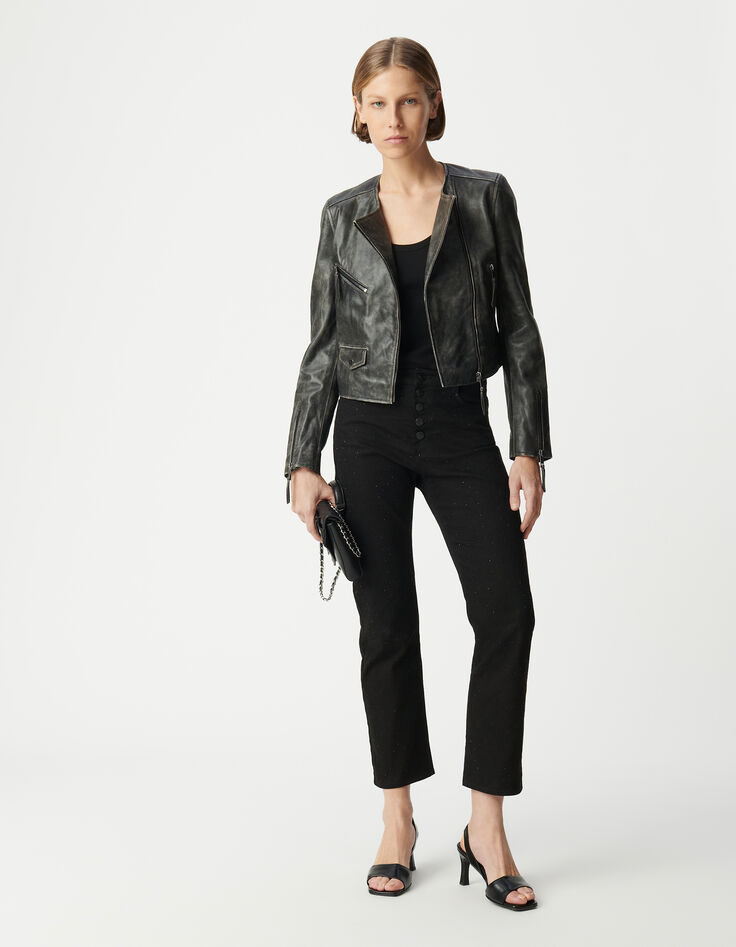 Schwarze Bikerjacke aus gewaschenem Leder mit Reißverschlusstaschen Damen-1