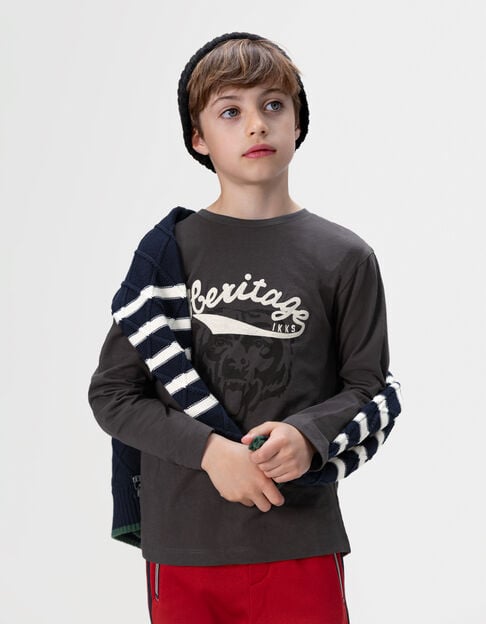 Boys’ grey T-shirt with embroidered slogan, bear image - IKKS