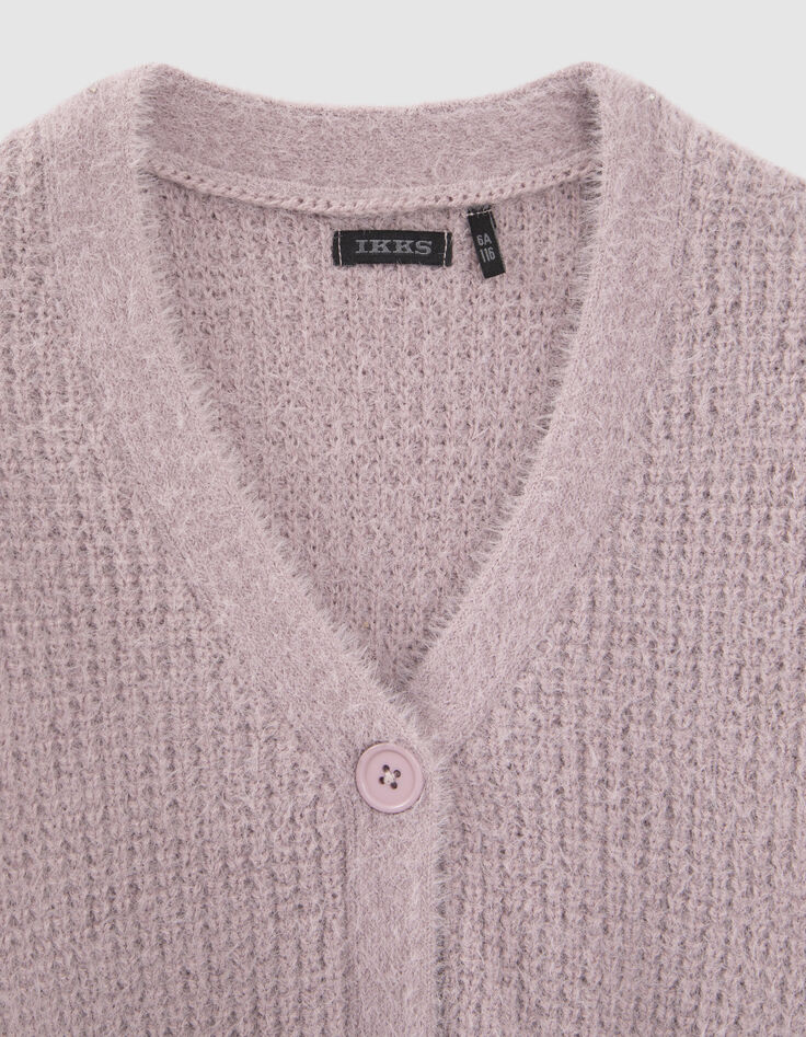 Fliederfarbene Mädchenstrickjacke mit Fantasiestrickmuster-2