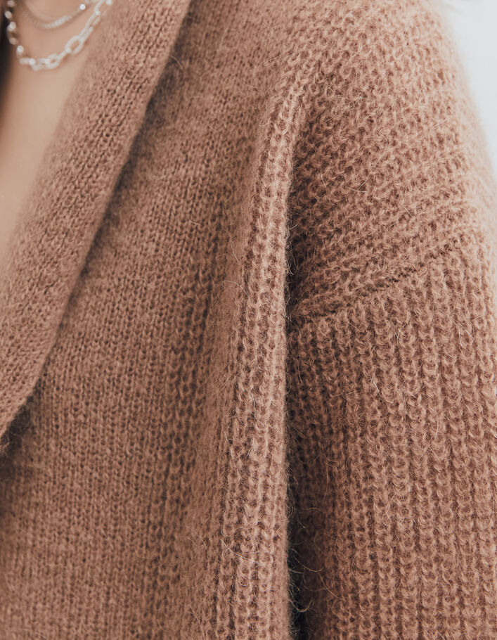 Women’s beige long fluffy knit cardigan - IKKS