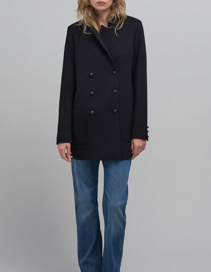 Women's black pea jacket with closed tailoring collar-10