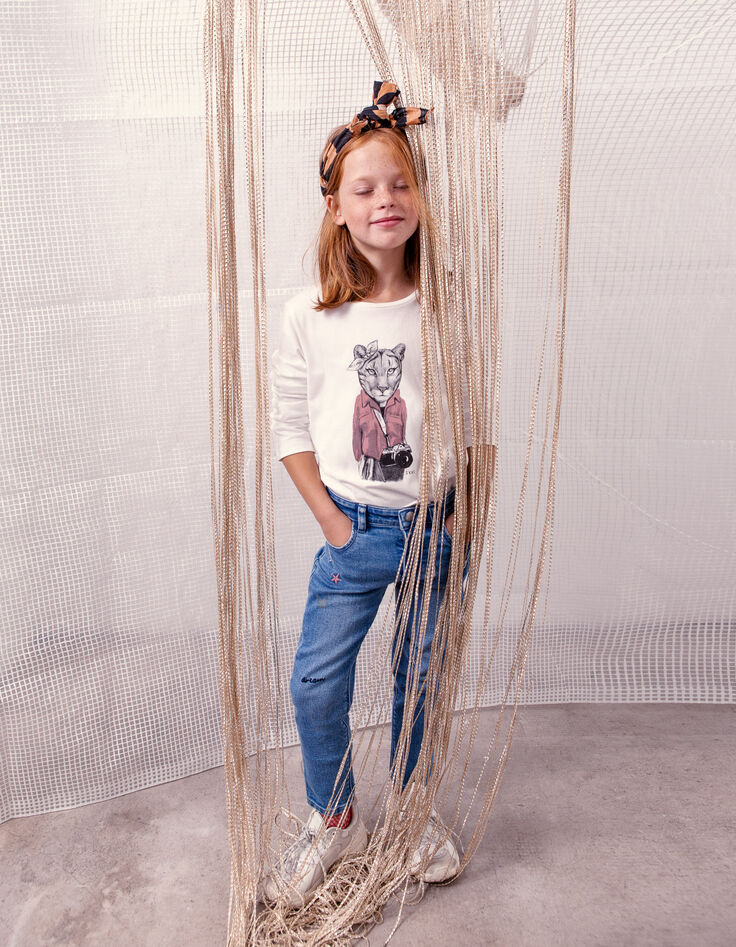 Cremewei&szlig;es M&auml;dchenshirt mit L&ouml;win und Schleife-6
