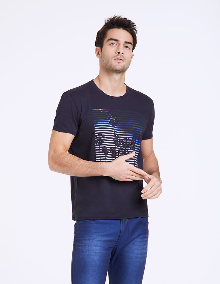 Camiseta marina con foto de palmeras y rayas Hombre-2