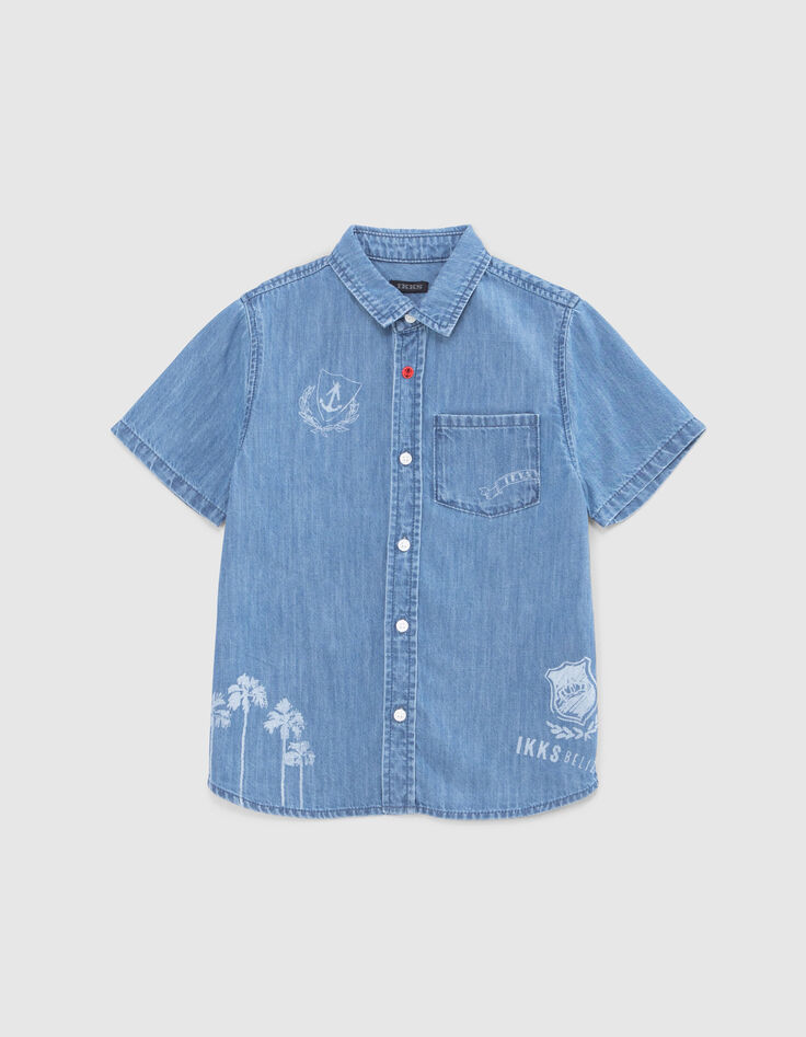 Blaues Jungenjeanshemd mit Print-1