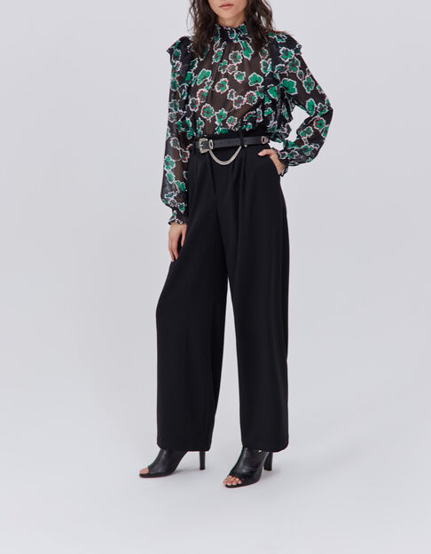 Women’s black belted high-waist wide-leg trousers
