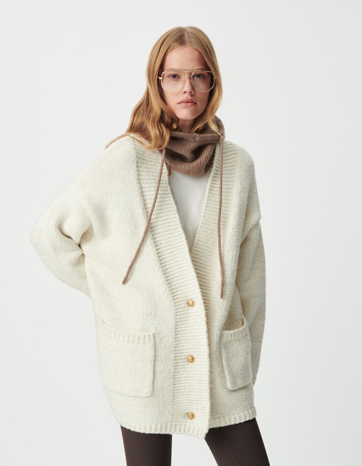 Ecru Damen-Strickjacke, goldfarbener Lurex Loose-Fit-3