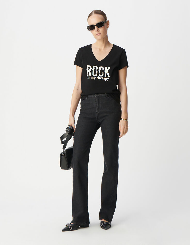Schwarzes T-Shirt aus Bio-Baumwolle mit Pailletten-Botschaft f&uuml;r Damen-2