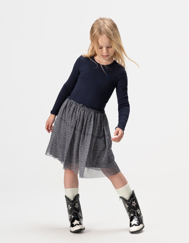 Girls’ navy and leopard-bow tulle mixed-fabric dress-2 Girls’ navy and leopard-bow tulle mixed-fabric dress-2