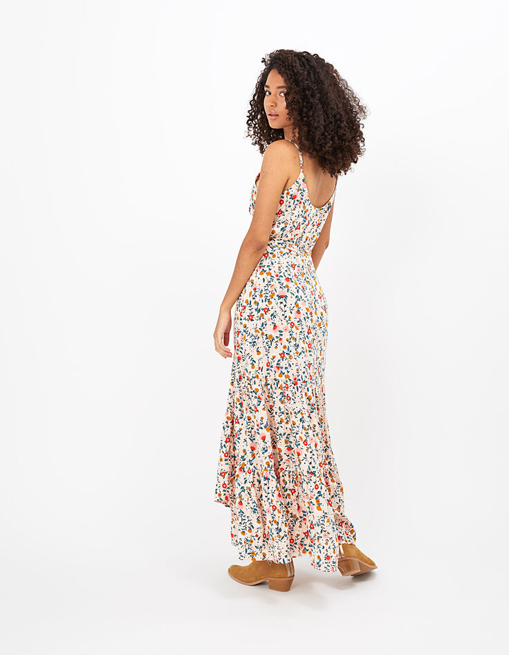 Robe longue rose poudré à imprimé floral et doré I.Code-4