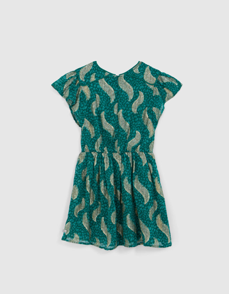 Girls' green short dress with gold leaf print-3