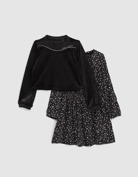 2-in-1 zwarte jurk met rockprint en fluwelen sweater