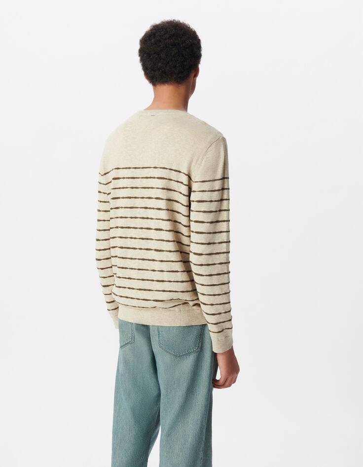 Beige fijngebreide matrozentrui kaki strepen Heren-3