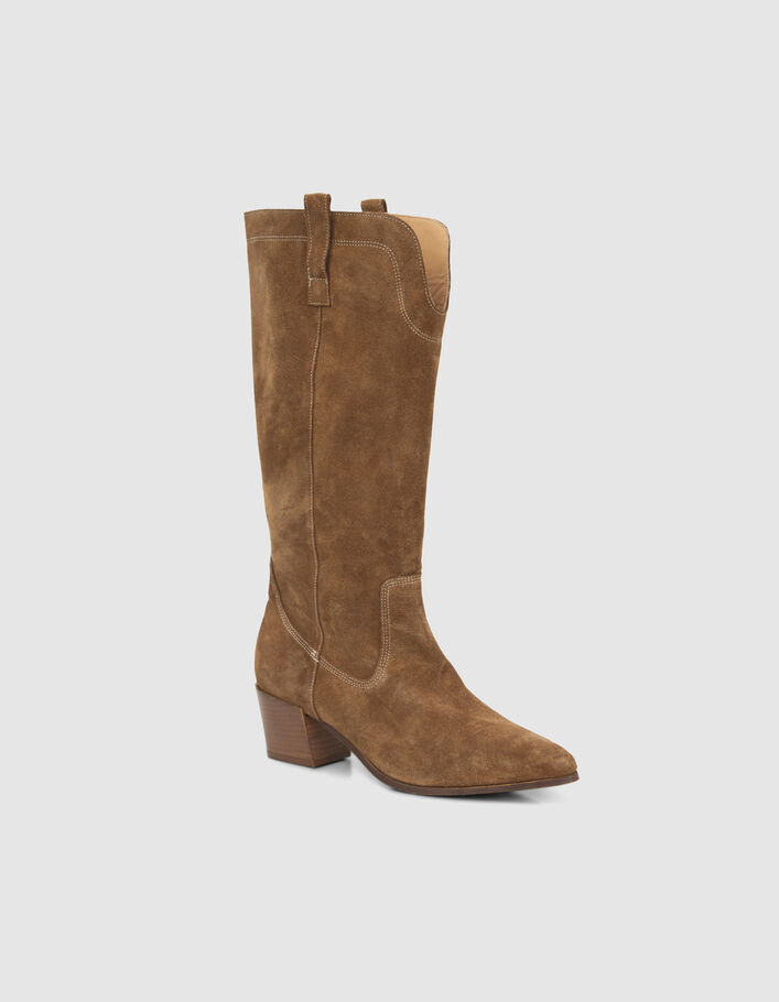 Women’s cognac suede cowboy-style boots - IKKS