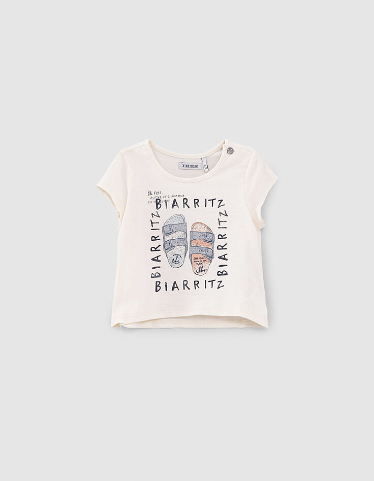 Ecru bio-T-shirt opdruk glitterslippers babymeisjes -1