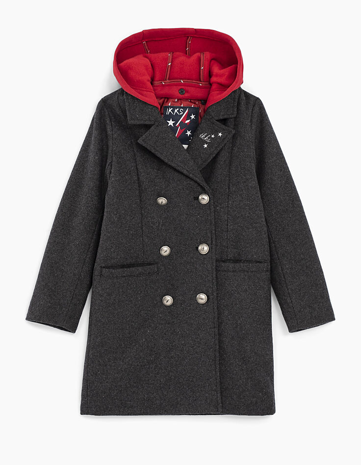 Girls’ grey coat, removable red sweatshirt fabric hood-2