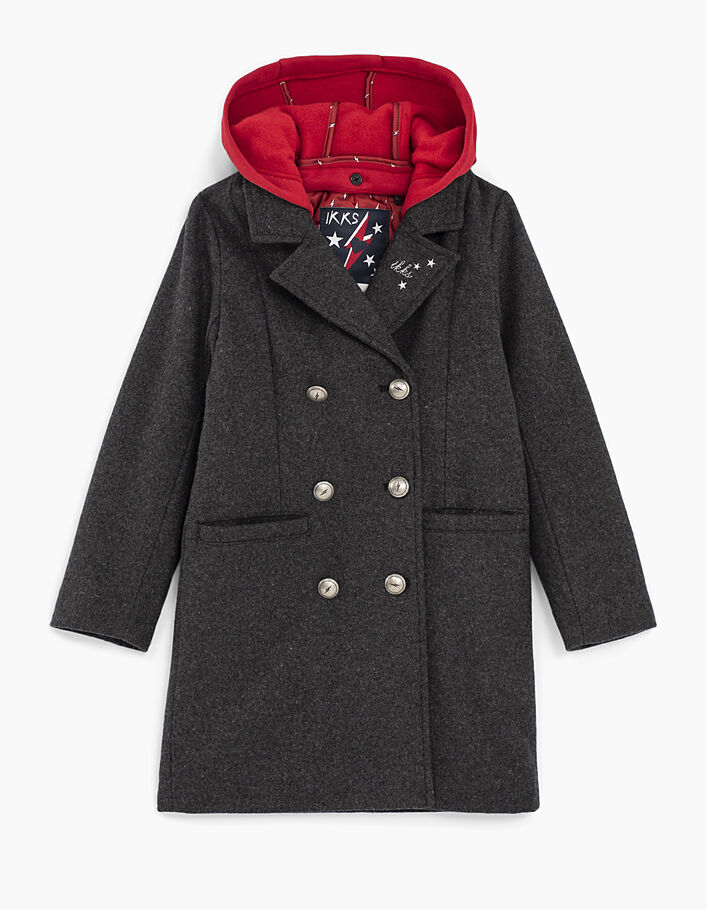 Abrigo gris con capucha felpa roja amovible niña  - IKKS