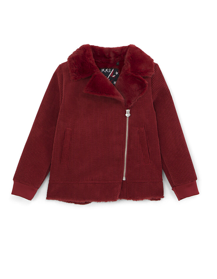 Abrigo rojo oscuro de pana con cuello con piel niña -2