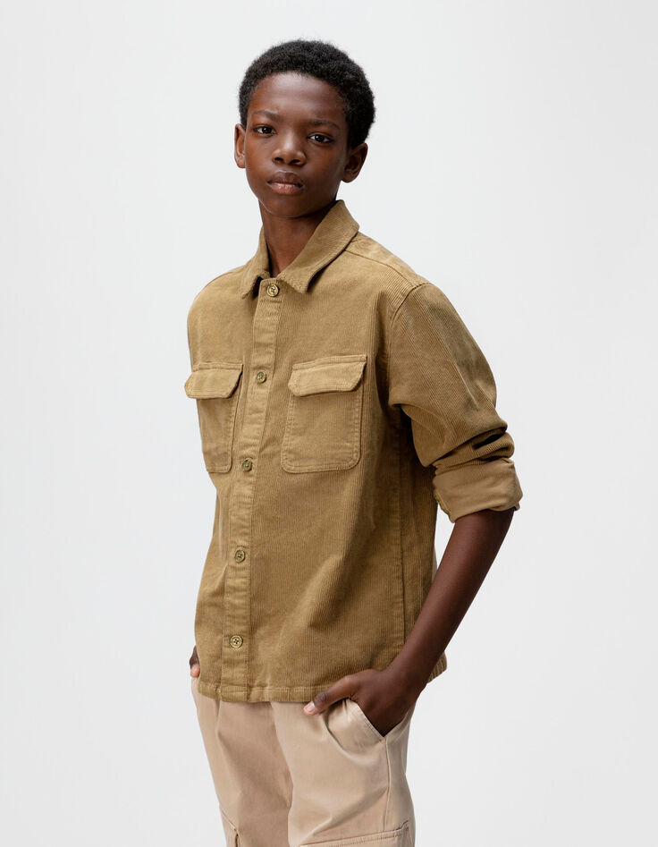 Boys’ khaki corduroy long-sleeved shirt-1