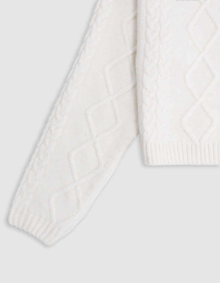 Girl's beige hooded cable knit sweater-4