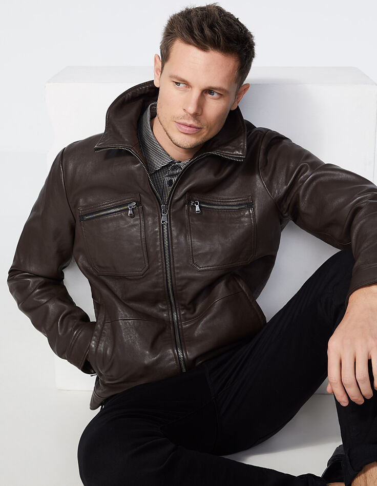 Cazadora choco estilo aviador de cuero para hombre-2