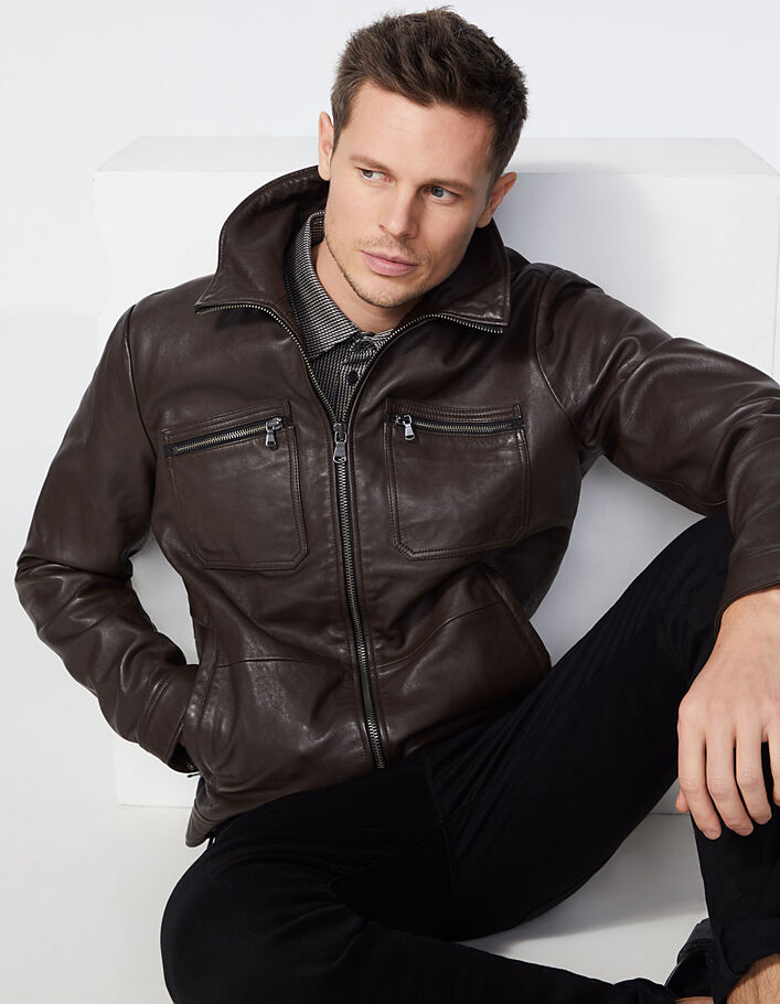 Men’s chocolate aviator-look leather jacket - IKKS