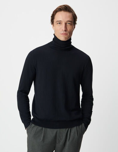 Men&rsquo;s navy cotton cashmere knit roll-neck sweater - IKKS