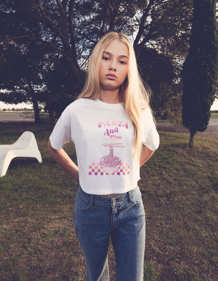 T-shirt blanc coton bio visuel bol de pâtes fille-2