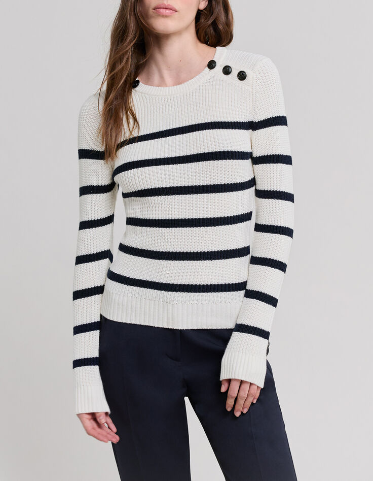 Pull marinière écru tricot boutons ancres Femme-2